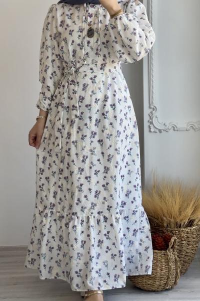 Astarlı Pamuklu Zarif Elbise Ekru