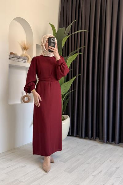 Balon Kol Kemerli Krep Elbise  Bordo