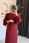 Balon Kol Kemerli Krep Elbise  Bordo