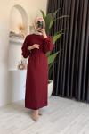 Balon Kol Kemerli Krep Elbise  Bordo