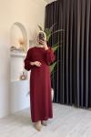 Balon Kol Kemerli Krep Elbise  Bordo
