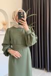 Balon Kol Kemerli Krep Elbise  Haki