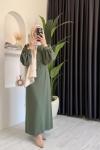 Balon Kol Kemerli Krep Elbise  Haki