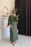 Balon Kol Kemerli Krep Elbise  Haki
