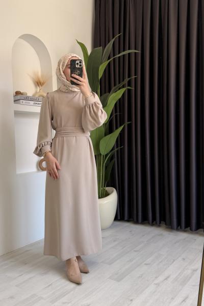 Balon Kol Kemerli Krep Elbise Taş Rengi