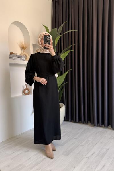 Balon Kol Kemerli Krep Elbise  Siyah