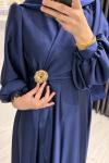 Broş Detaylı Saten Abiye  Lacivert