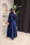 Broş Detaylı Saten Abiye  Lacivert