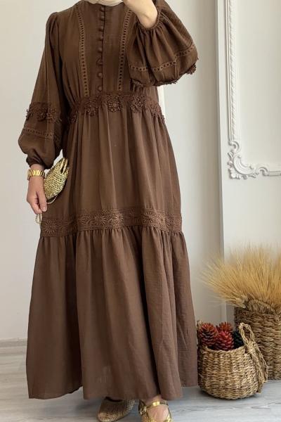 Dantel Detaylı Keten Elbise Koyu Kahverengi