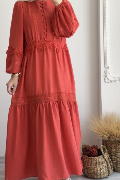 Dantel Detaylı Keten Elbise Nar Çiçeği