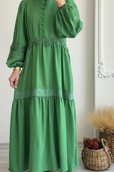 Dantel Detaylı Keten Elbise Yeşil