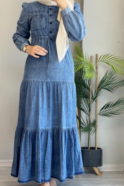 Eteği Volanlı Burcu Kot Elbise Mavi