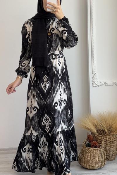 Eteği Volanlı Viskon Burcu Elbise Siyah