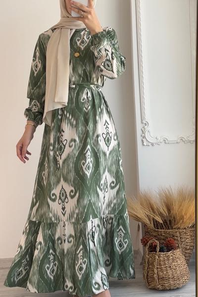 Eteği Volanlı Viskon Burcu Elbise Yeşil