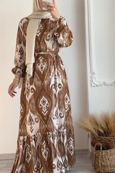 Eteği Volanlı Burcu Viskon Elbise Hardal Sarısı