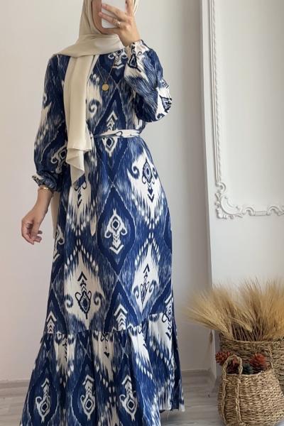 Eteği Volanlı Viskon Burcu Elbise Lacivert