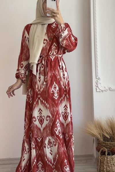 Eteği Volanlı Viskon Burcu Elbise Nar Çiçeği