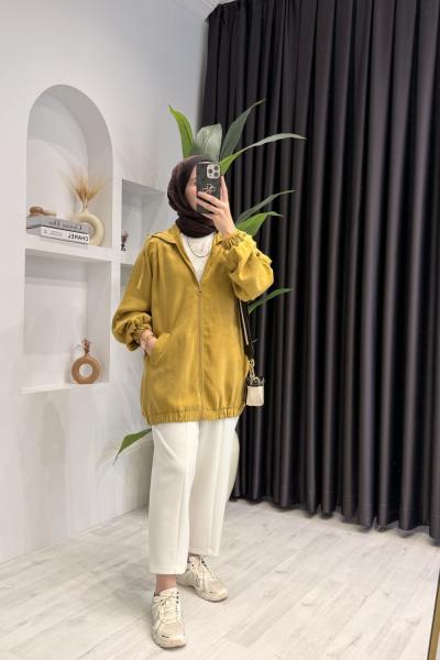 Fleto Cepli Reglan Kollu Bomber Ceket Hardal Sarısı