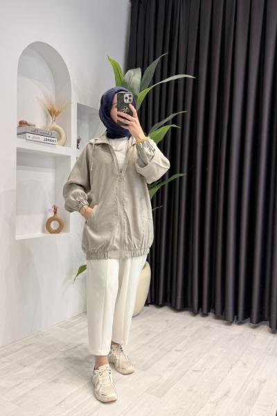 Fleto Cepli Reglan Kollu Bomber Ceket Taş Rengi