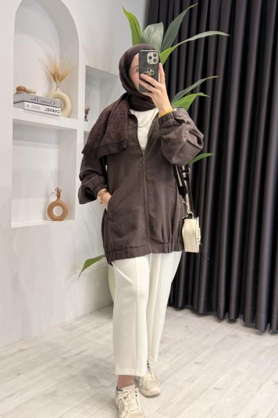 Fleto Cepli Reglan Kollu Bomber Ceket Kahverengi