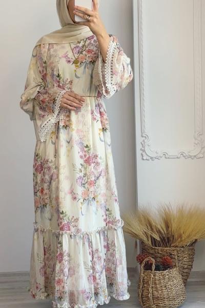 Kol Detaylı Çiçekli Sedef Elbise Ekru Pembe