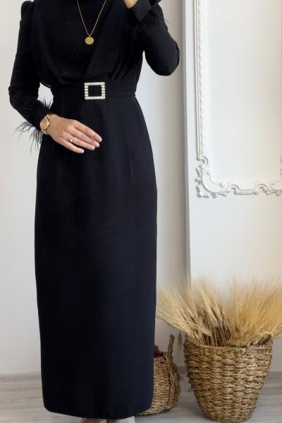 Kol Detaylı Kemerli Buket Elbise Siyah