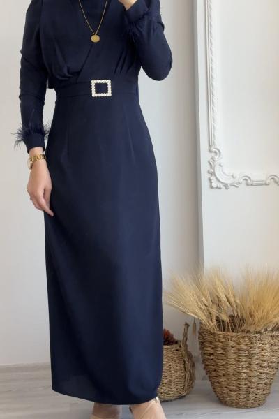 Kol Detaylı Kemerli Buket Elbise Lacivert