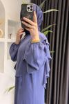 Kolları Volanlı Krep Kumaş Tesettür Elbise  Lila