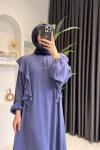 Kolları Volanlı Krep Kumaş Tesettür Elbise  Lila