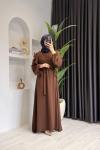 Kolları Volanlı Krep Kumaş Tesettür Elbise  Kahverengi