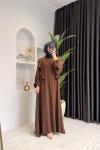 Kolları Volanlı Krep Kumaş Tesettür Elbise  Kahverengi