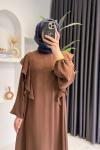 Kolları Volanlı Krep Kumaş Tesettür Elbise  Kahverengi