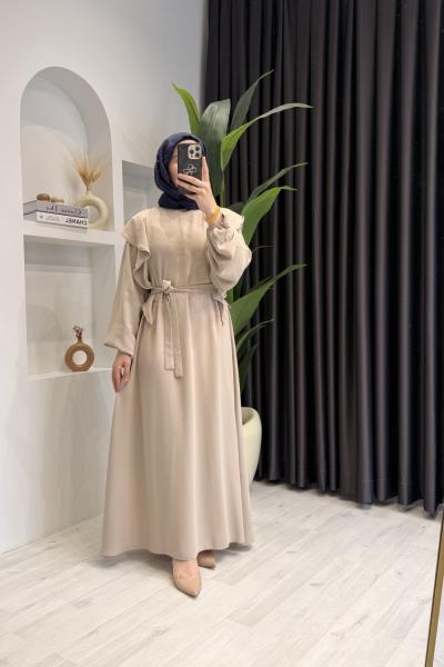 Kolları Volanlı Krep Kumaş Tesettür Elbise Taş Rengi