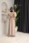 Kolları Volanlı Krep Kumaş Tesettür Elbise Taş Rengi