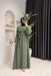 Kolları Volanlı Krep Kumaş Tesettür Elbise Haki