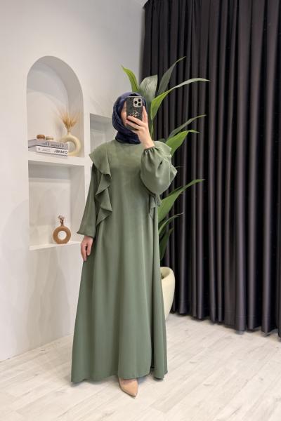 Kolları Volanlı Krep Kumaş Tesettür Elbise Haki