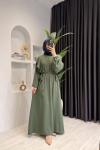 Kolları Volanlı Krep Kumaş Tesettür Elbise Haki