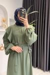 Kolları Volanlı Krep Kumaş Tesettür Elbise Haki