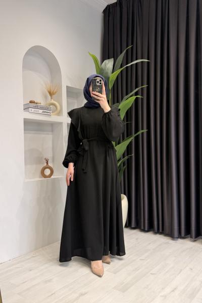 Kolları Volanlı Krep Kumaş Tesettür Elbise Siyah