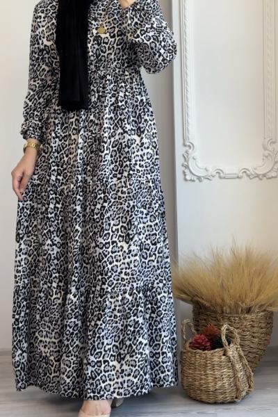 Leopar Desenli Ezgi Elbise Gri Siyah