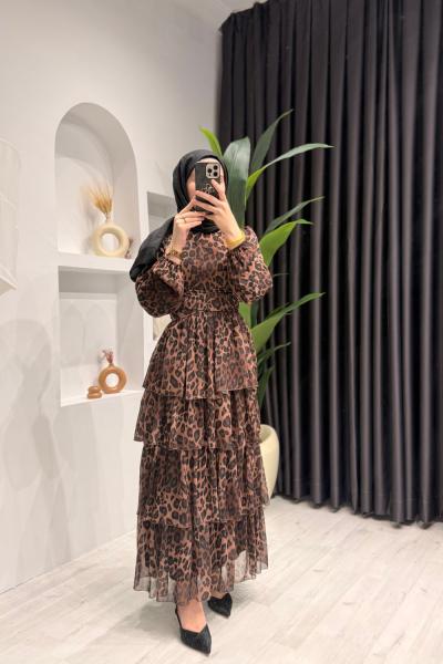 Leopar Desenli Kat Kat Kuşaklı Şifon Elbise Siyah Kahverengi
