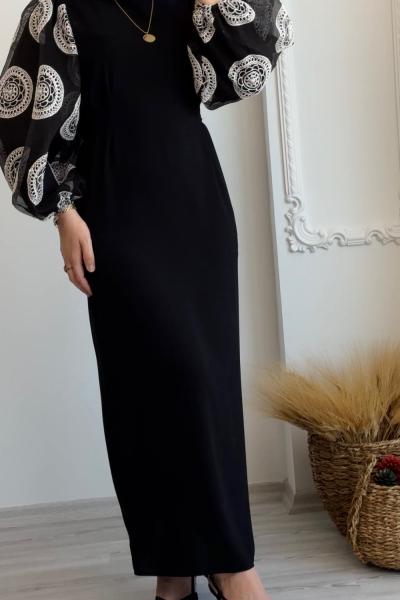 Nakışlı Balon Kollu Kalem Elbise Siyah Beyaz