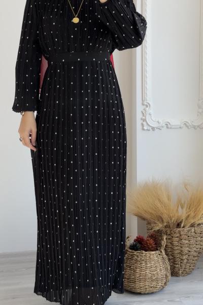 Piliseli Astarlı Şifon Elbise Siyah