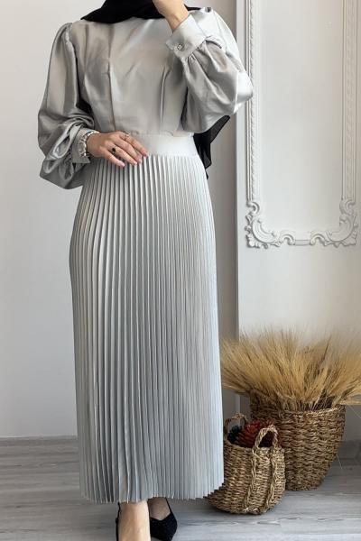 Premium Piliseli İpek Saten Elbise Gri