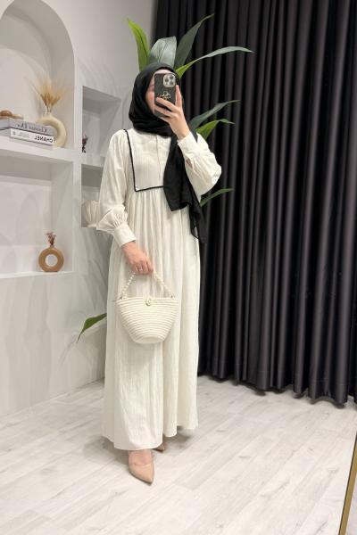 Siyah Biye Detaylı Keten Kumaş Tesettür Elbise Ekru