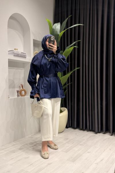 Viole Detaylı Saten Gömlek  Lacivert