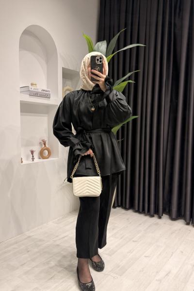 Volan Detaylı Saten Gömlek  Siyah