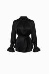 Volan Detaylı Saten Gömlek  Siyah