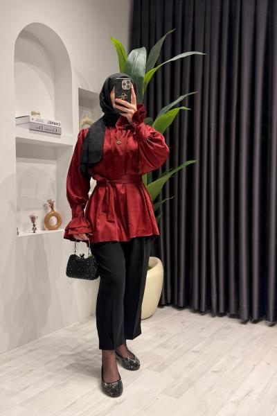 Volan Detaylı Saten Gömlek  Bordo