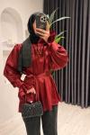 Volan Detaylı Saten Gömlek  Bordo